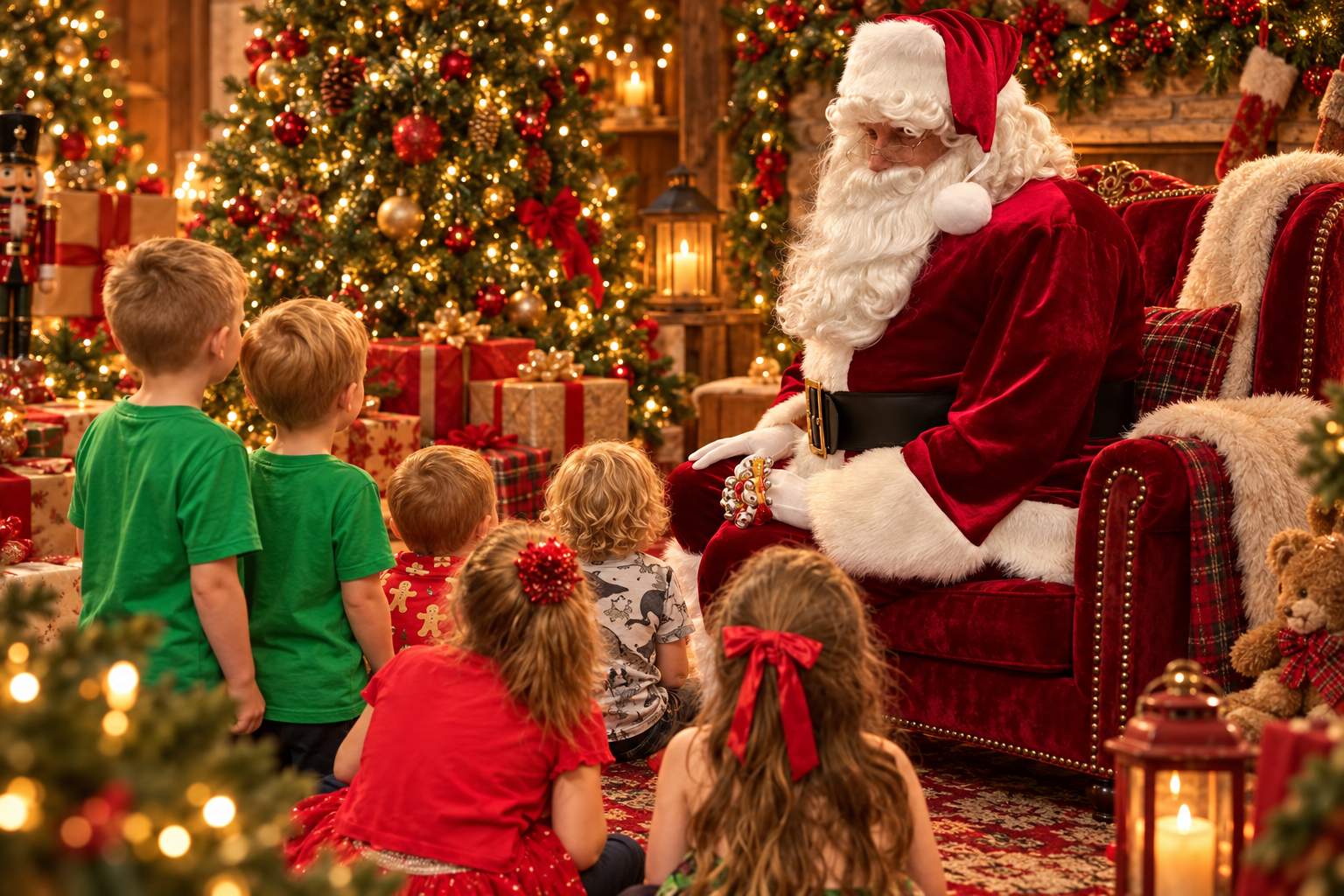 Children seen from behind gather around Santa in a warmly lit Christmas grotto.